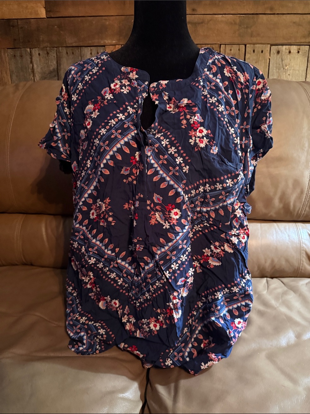 Navy Floral Short-Sleeve Blouse with Tie Detail